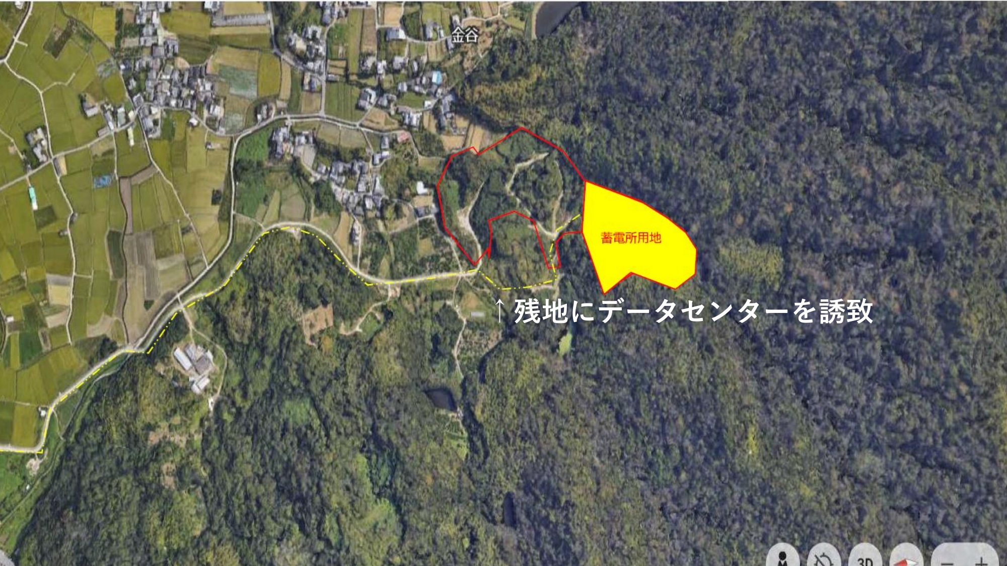 和歌山市金谷の開発地区を示す衛星図