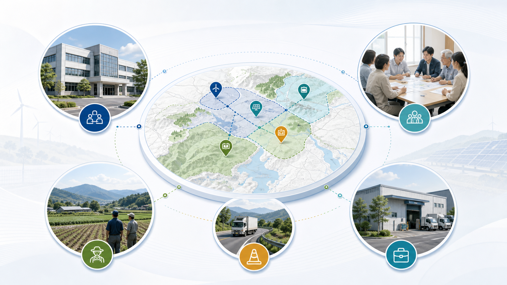 地域共生における自治体、住民、土地所有者、地元企業との関係を示す図