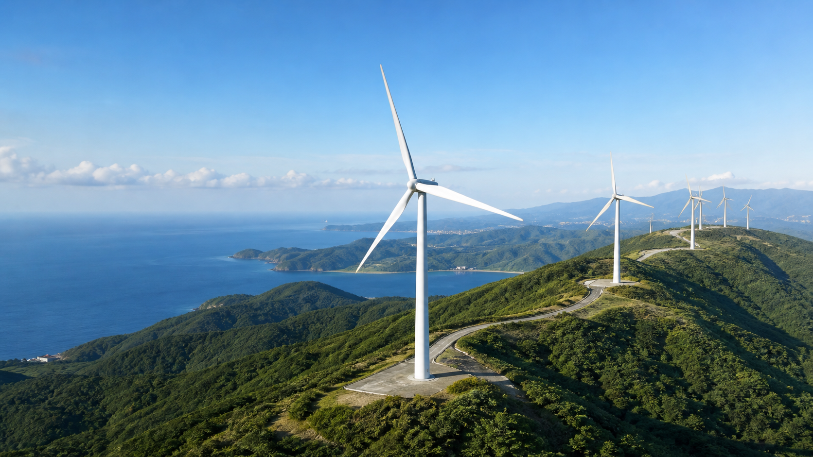 山岳沿岸部に設置された陸上風力発電所のイメージ