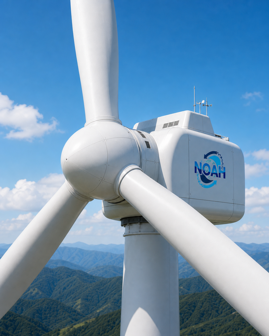 山間の風力発電所に設置された大型風車のローターハブ